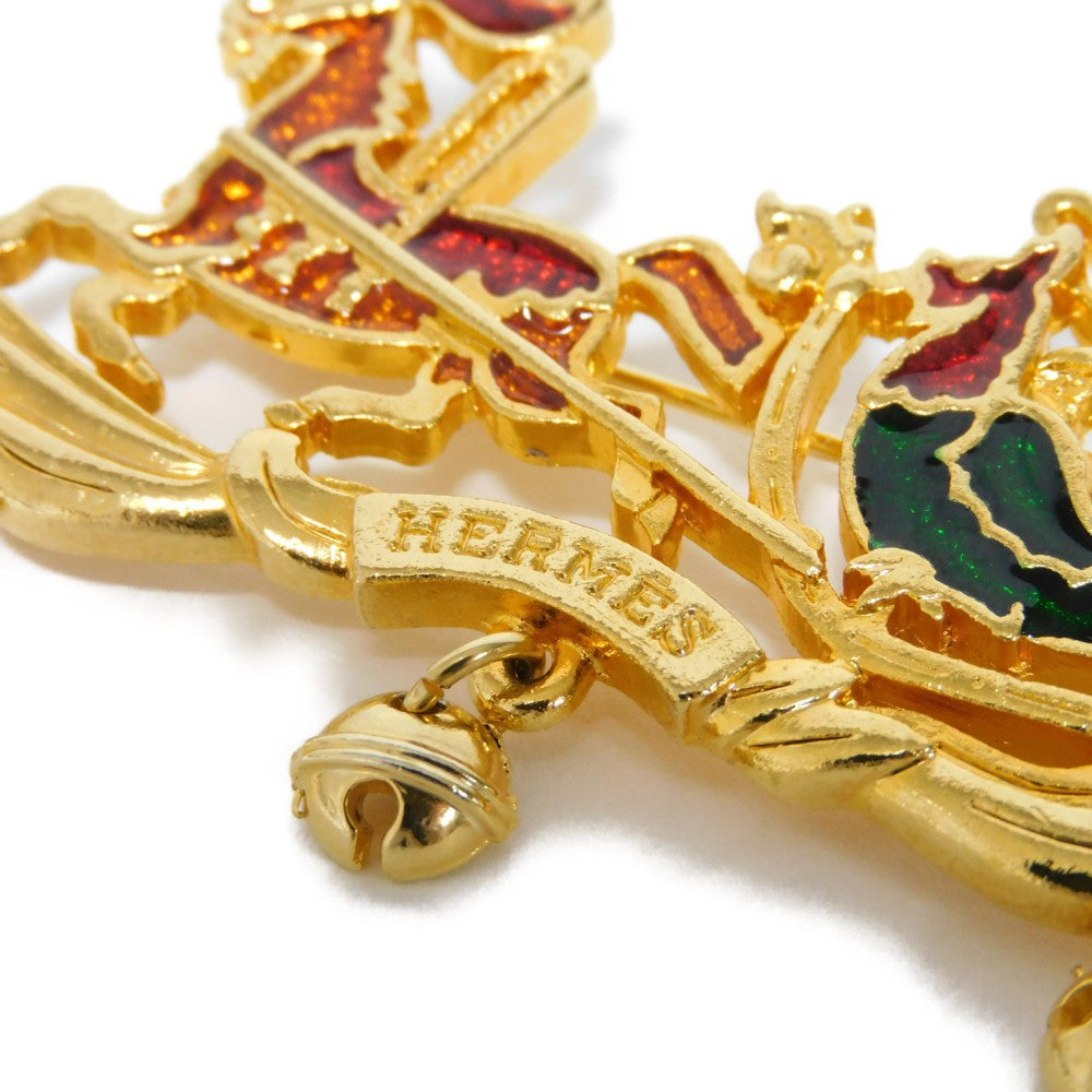 HERMES Brooch Cloisonne Clear orange x clear red x clear green logo Santa Claus