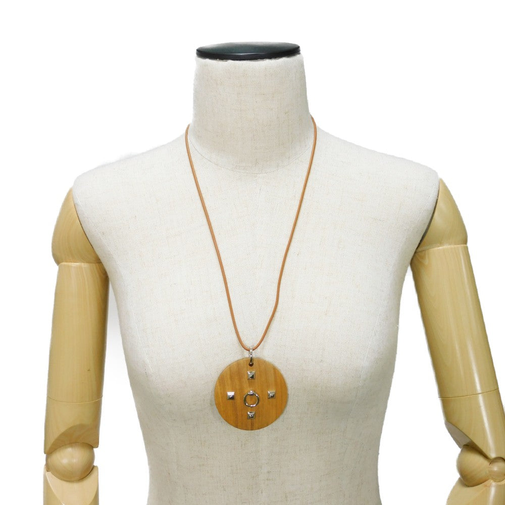 HERMES Necklace Vaux Swift, Wood natural Studs Medall Pendant