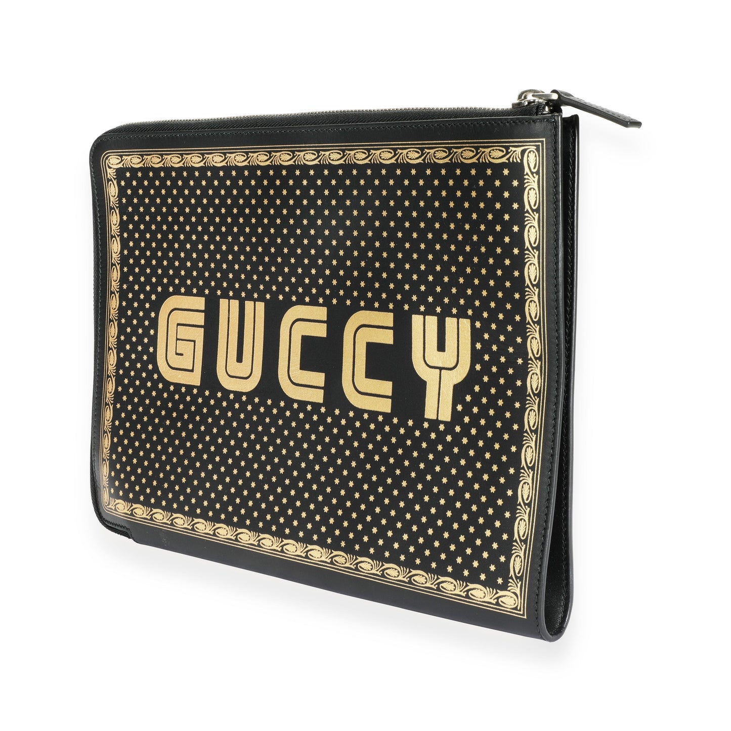Gucci Black & Gold Magnetismo Print Leather Pouch