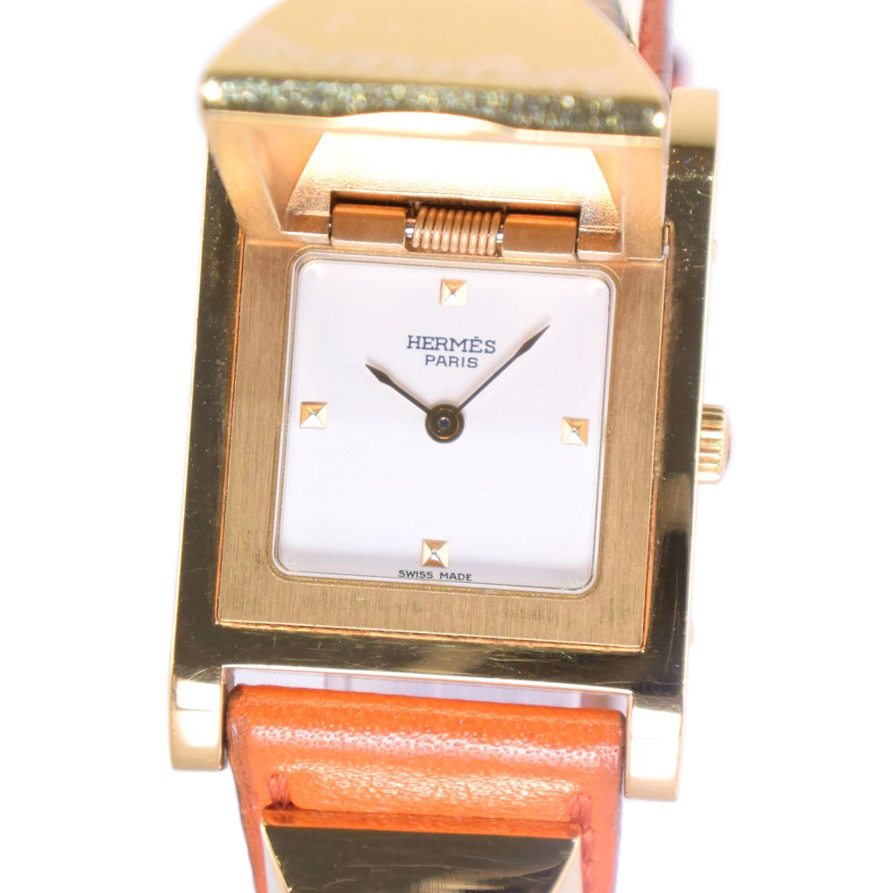 HERMES Watches Quartz Plated Gold , Leather Orange Medor White dial Women Used