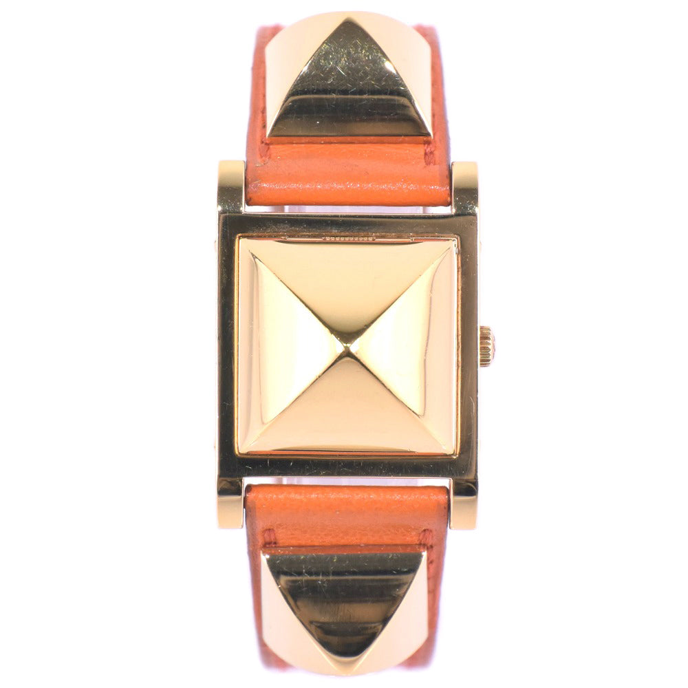 HERMES Watches Quartz Plated Gold , Leather Orange Medor White dial Women Used