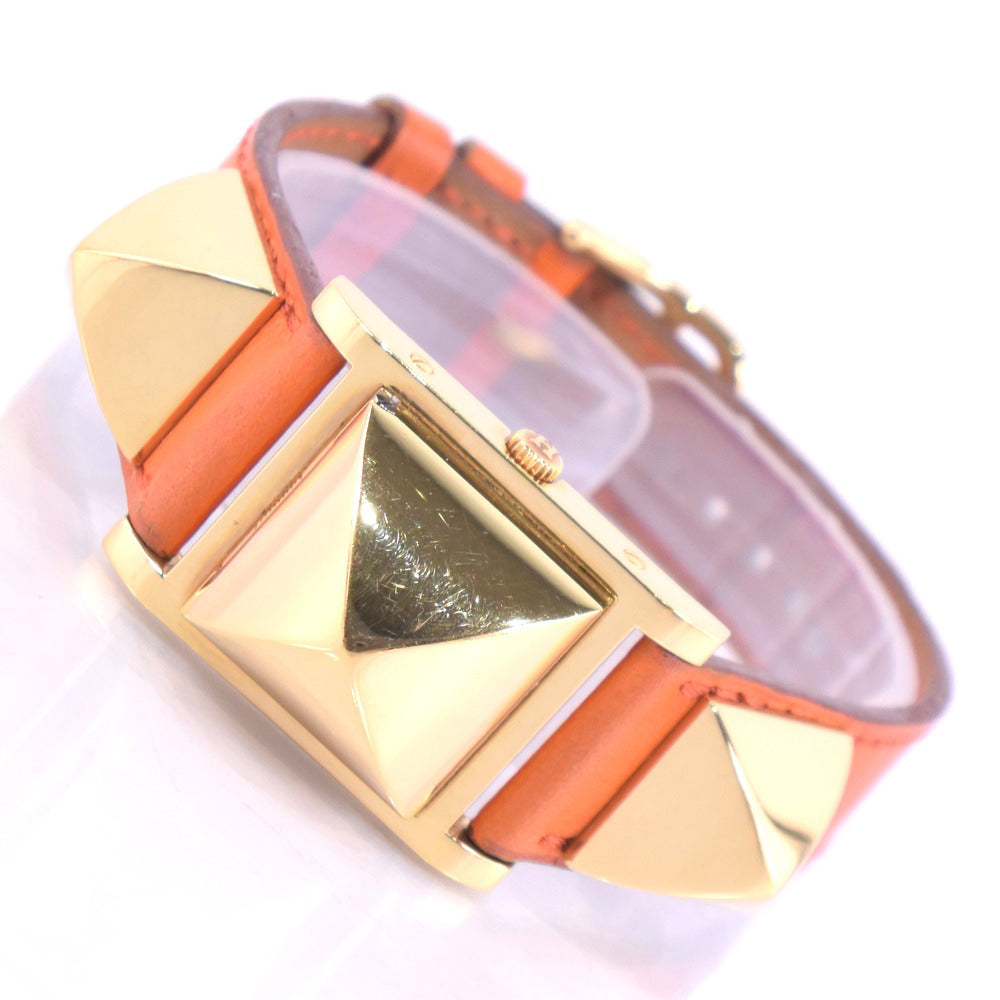 HERMES Watches Quartz Plated Gold , Leather Orange Medor White dial Women Used