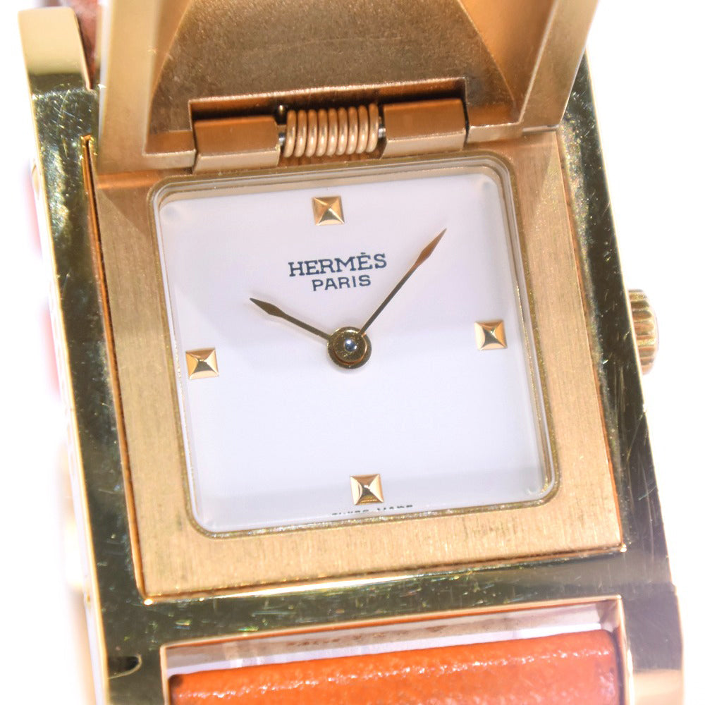 HERMES Watches Quartz Plated Gold , Leather Orange Medor White dial Women Used
