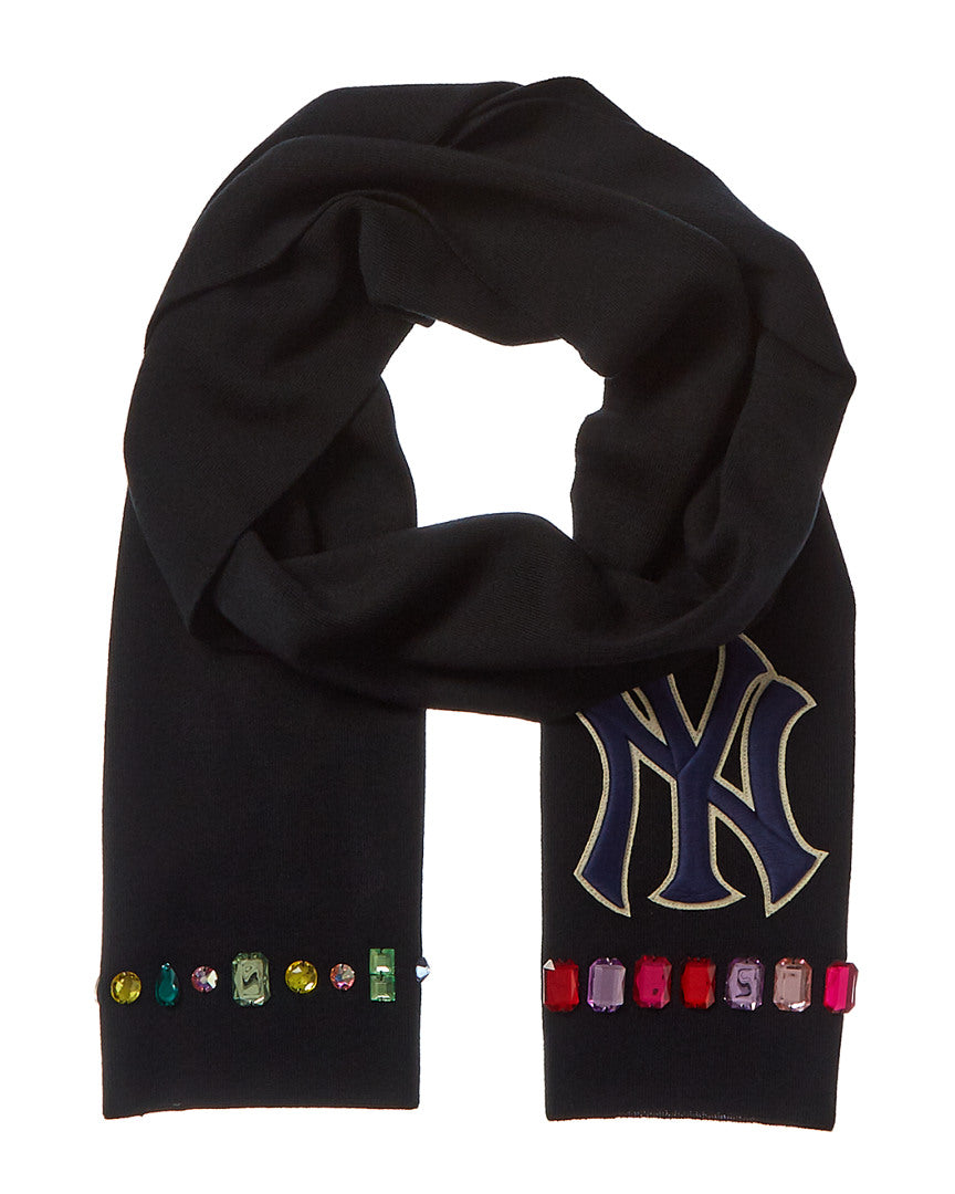 Gucci Wool NY Yankees Crystal Embellished Scarf in Black