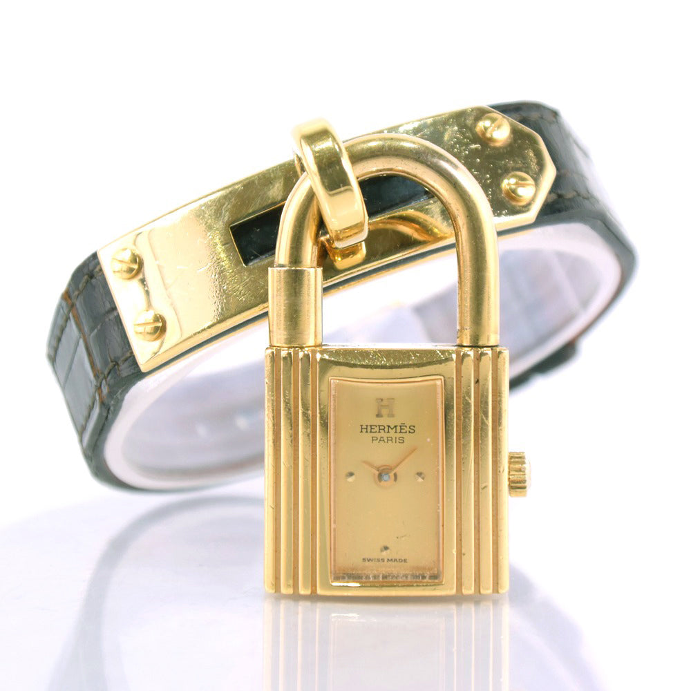 HERMES Watches Quartz Leather, Plated Gold black Kelly watch gold dial Women Used