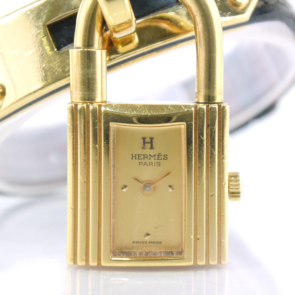 HERMES Watches Quartz Leather, Plated Gold black Kelly watch gold dial Women Used