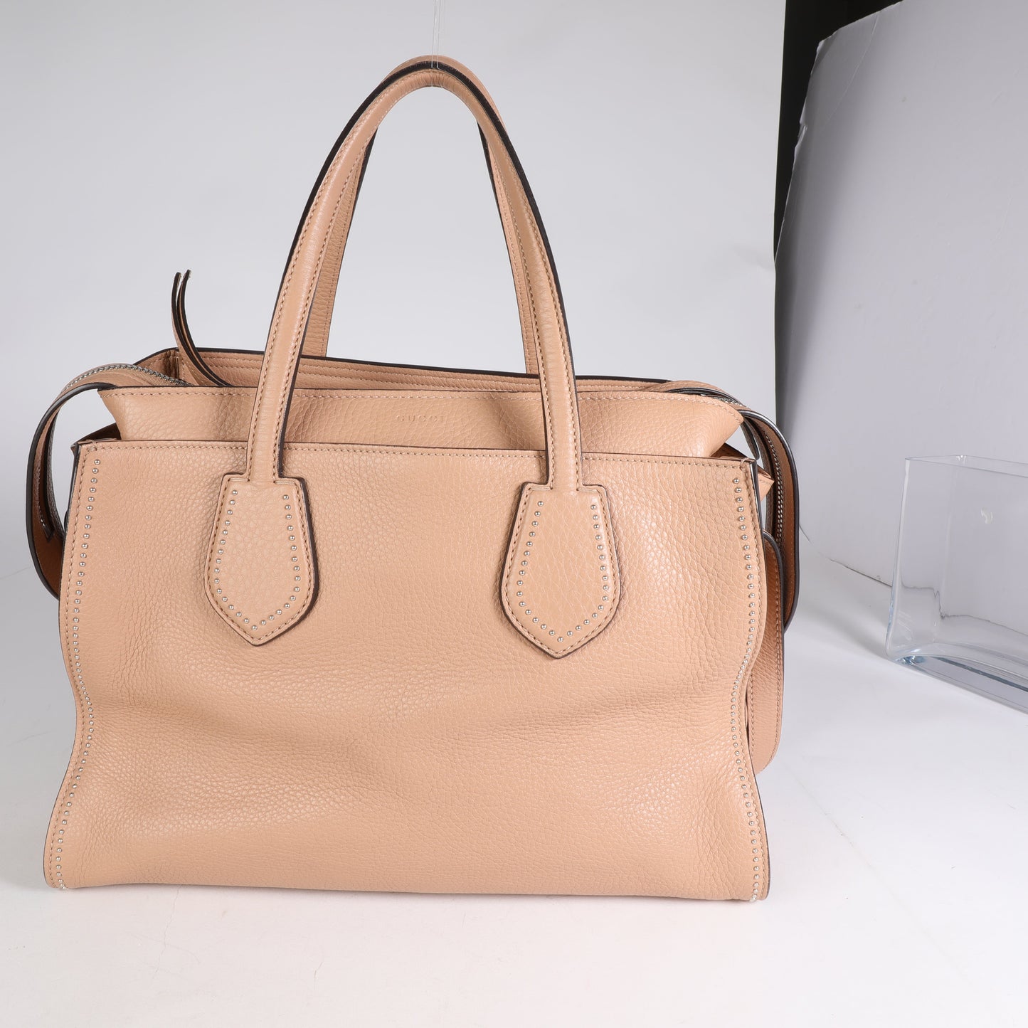 GUCCI Tan Pebbled Leather Studded Ramble Satchel