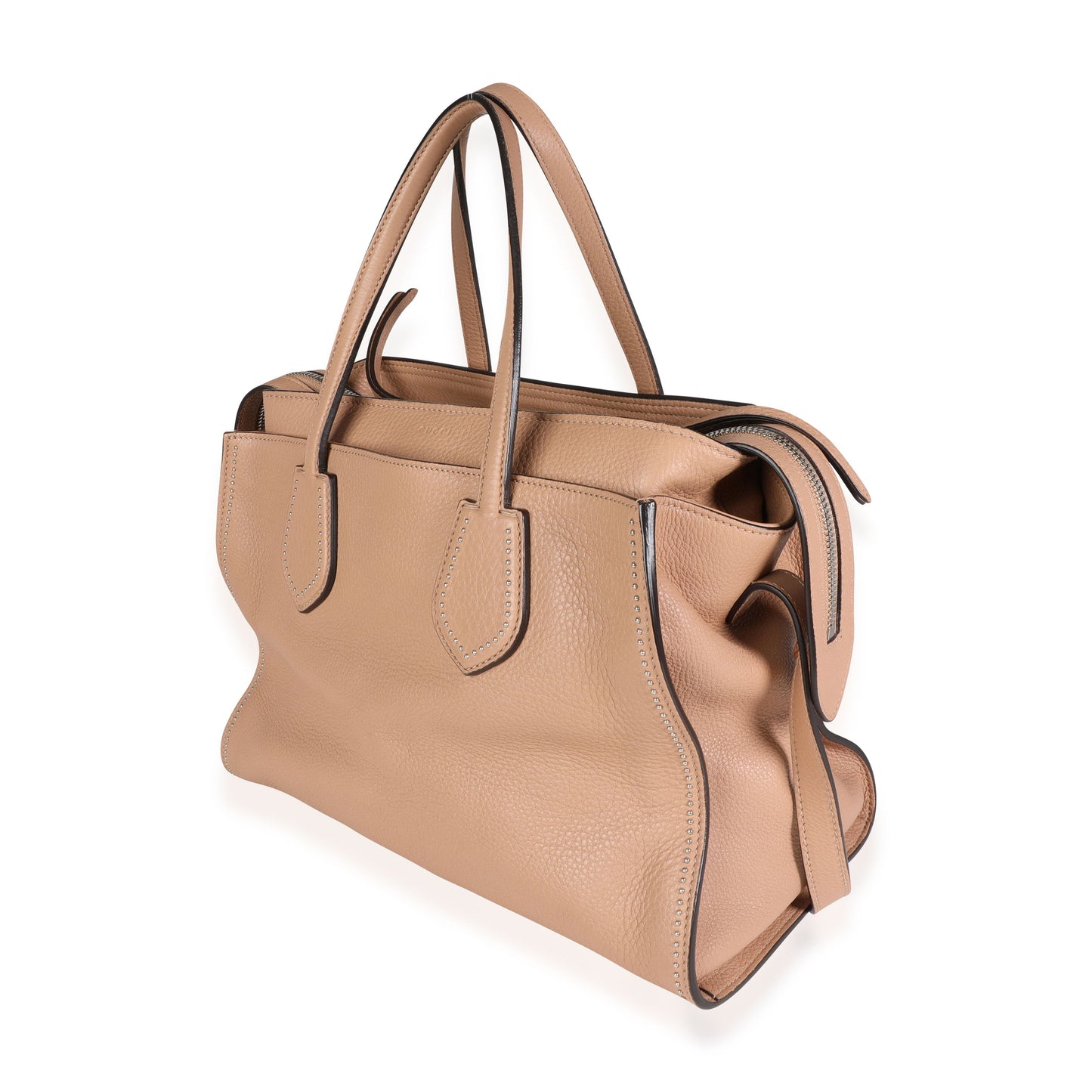 GUCCI Tan Pebbled Leather Studded Ramble Satchel