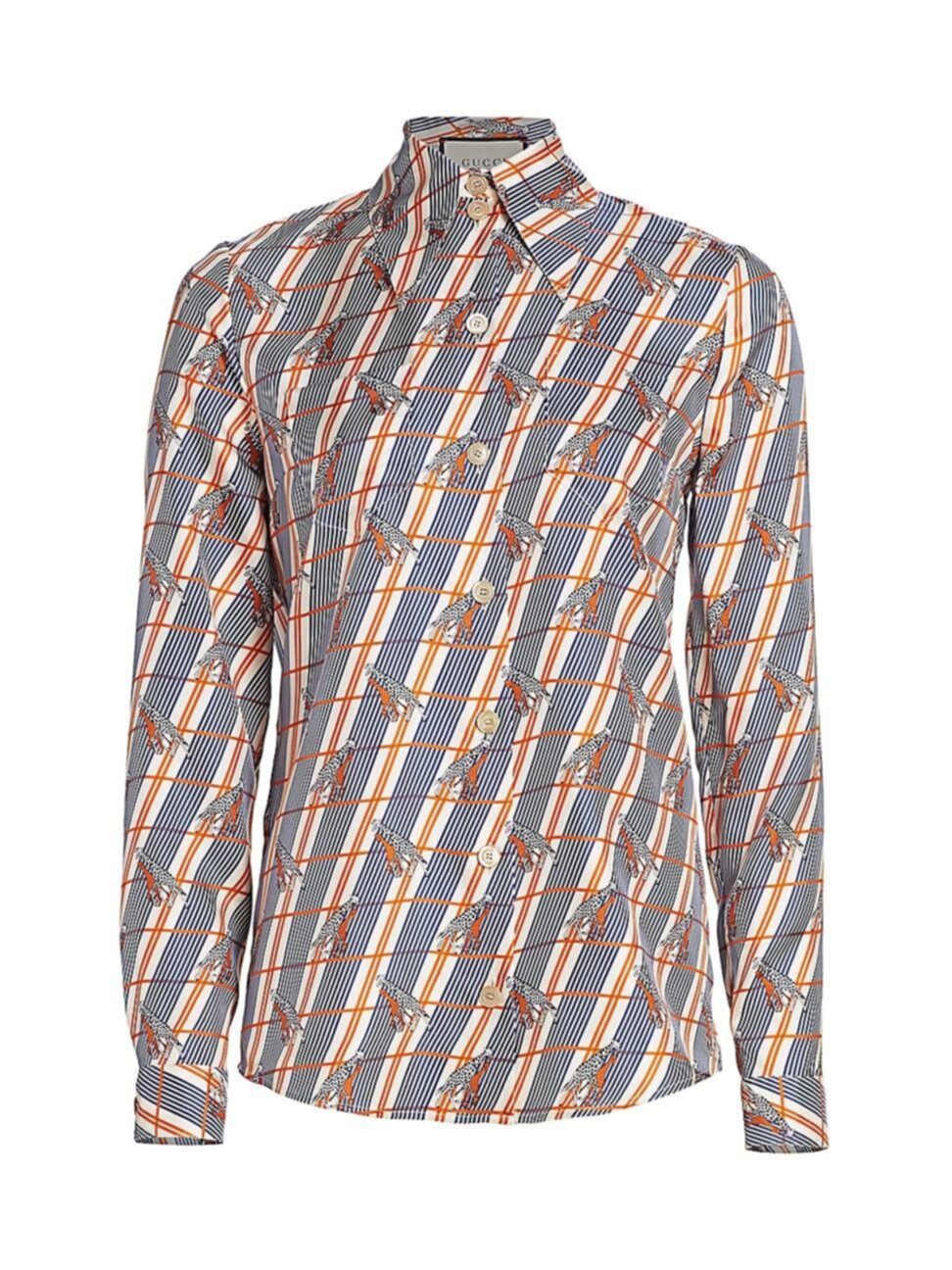 Gucci Giraffe Heritage Silk Twill Blouse in White