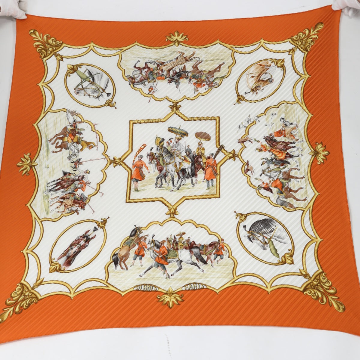 HERMES scarf silk Orange Mughal horse LES CHEVAUX DES MOGHOLS