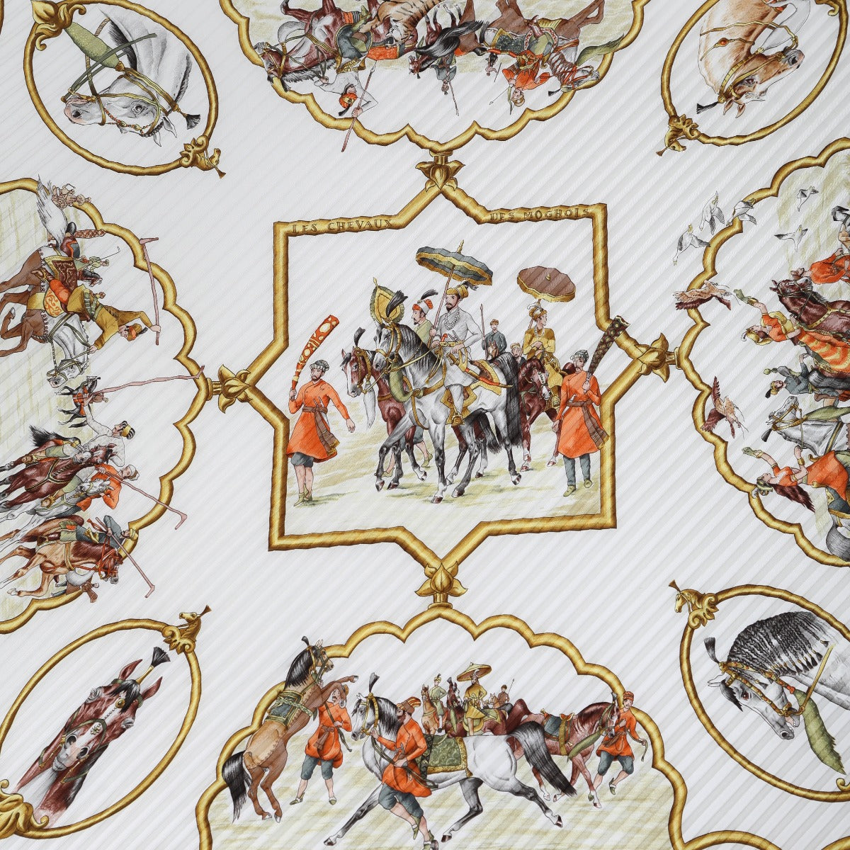 HERMES scarf silk Orange Mughal horse LES CHEVAUX DES MOGHOLS