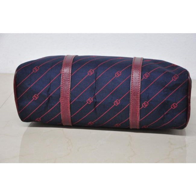 Gucci Navy Canvas w Red Diagonal Logo Print & Burgundy Leather Boston Bag