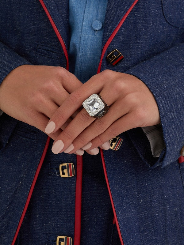 Gucci GG Crystal-embellished Signet Ring in White
