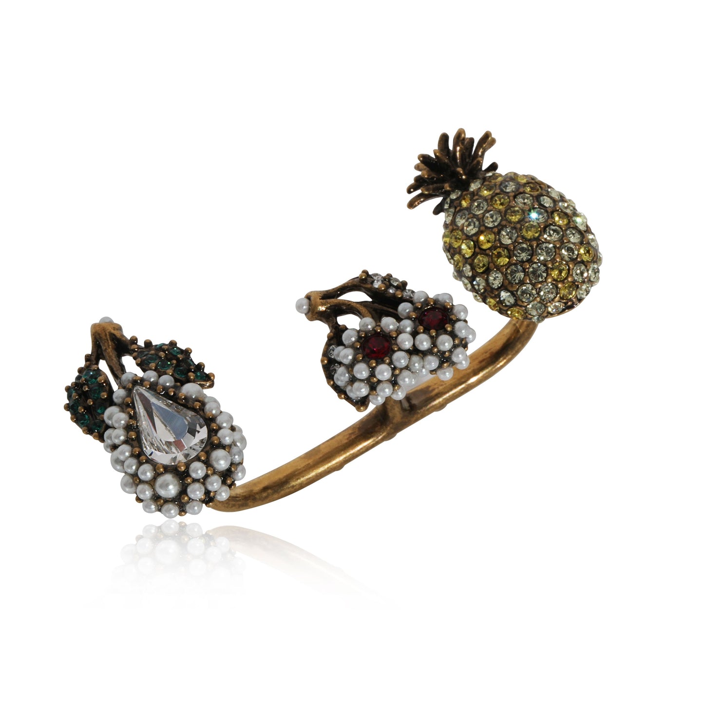 GUCCI Faux Pearl & Crystals Fruit Charms Between The Finger Ring