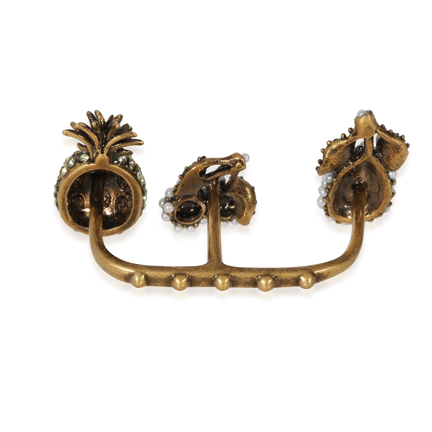 GUCCI Faux Pearl & Crystals Fruit Charms Between The Finger Ring