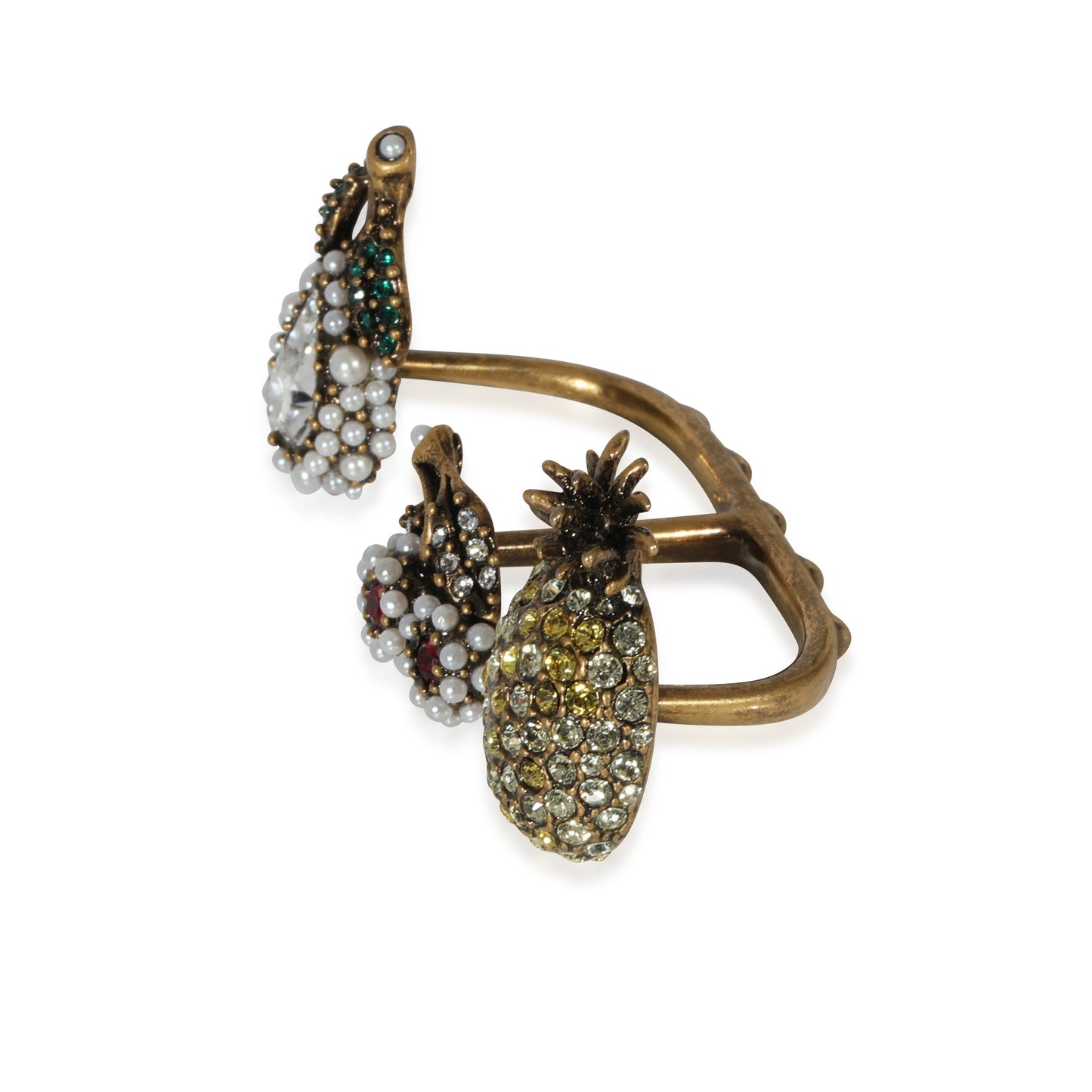 GUCCI Faux Pearl & Crystals Fruit Charms Between The Finger Ring