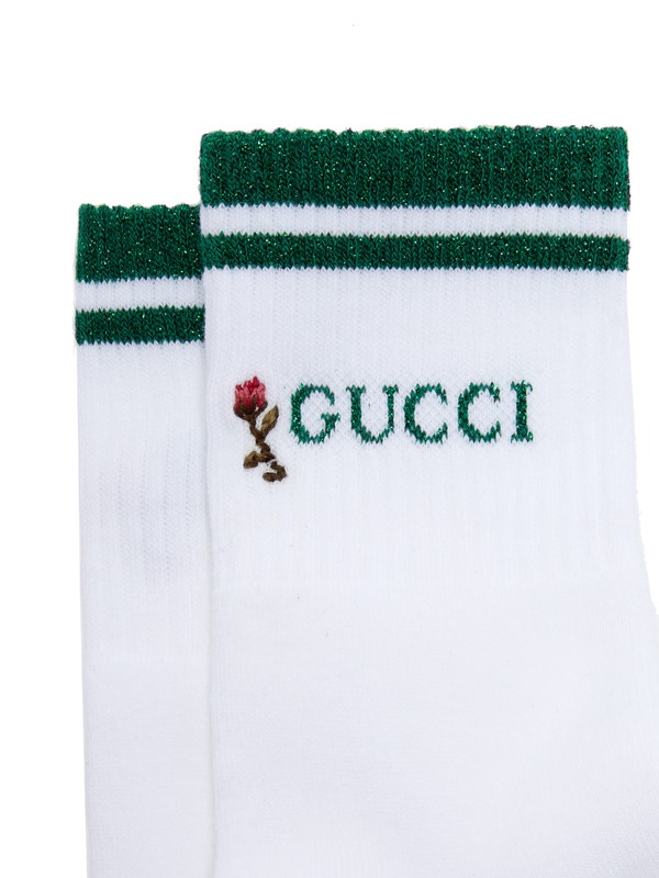 Gucci Rose-embroidered Cotton Ankle Socks in White and Green