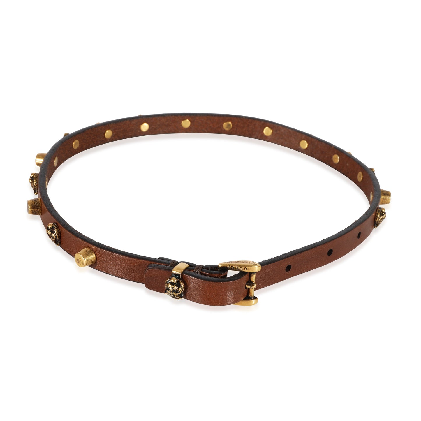 GUCCI Brown Leather Feline Head Studded Gold Tone Choker