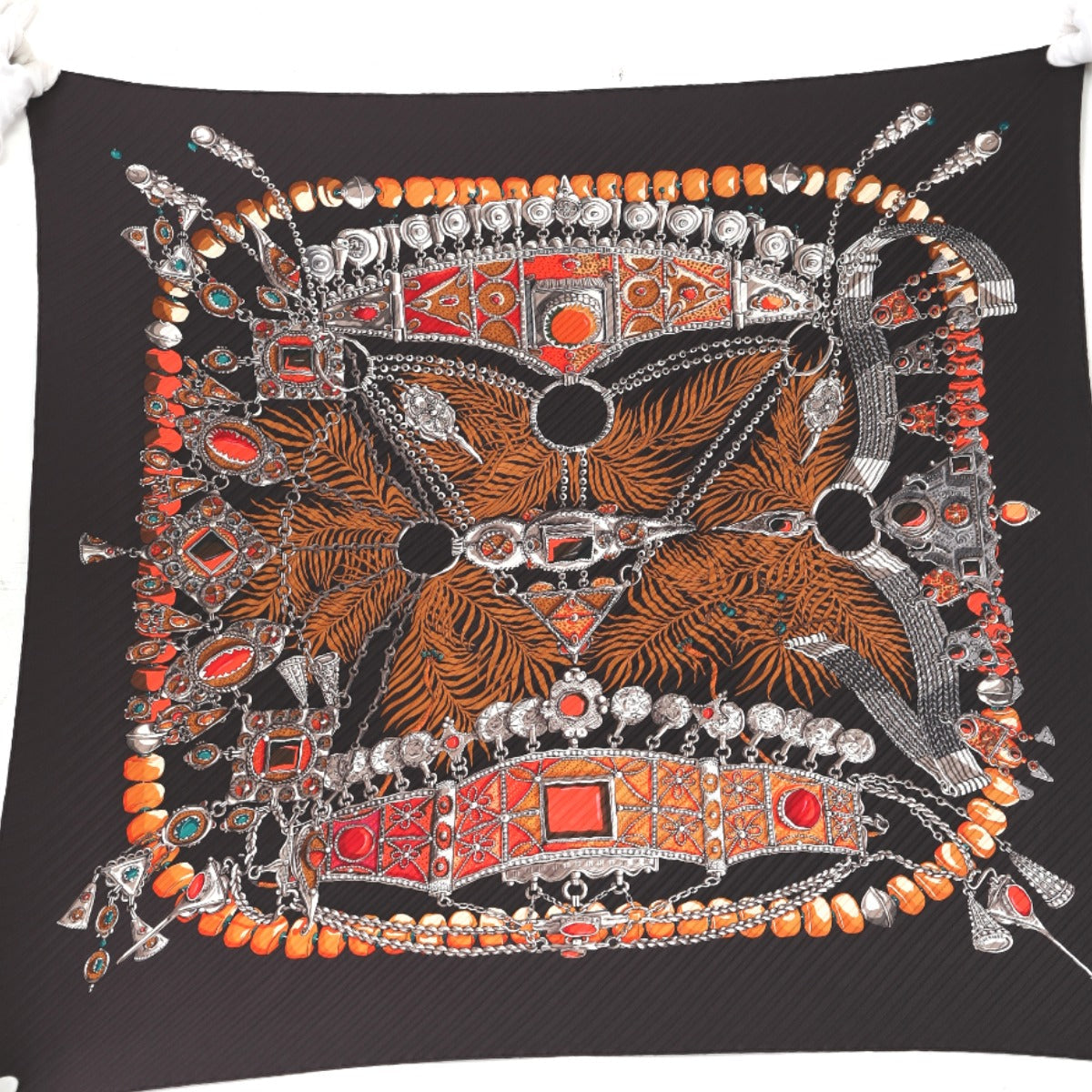 HERMES scarf silk black TERRES PRECIEUSES 100% silk
