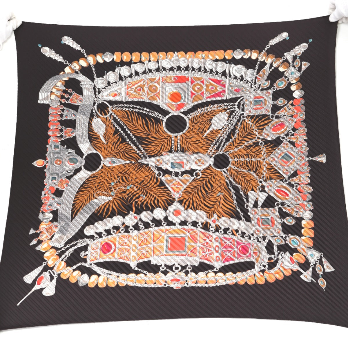 HERMES scarf silk black TERRES PRECIEUSES 100% silk