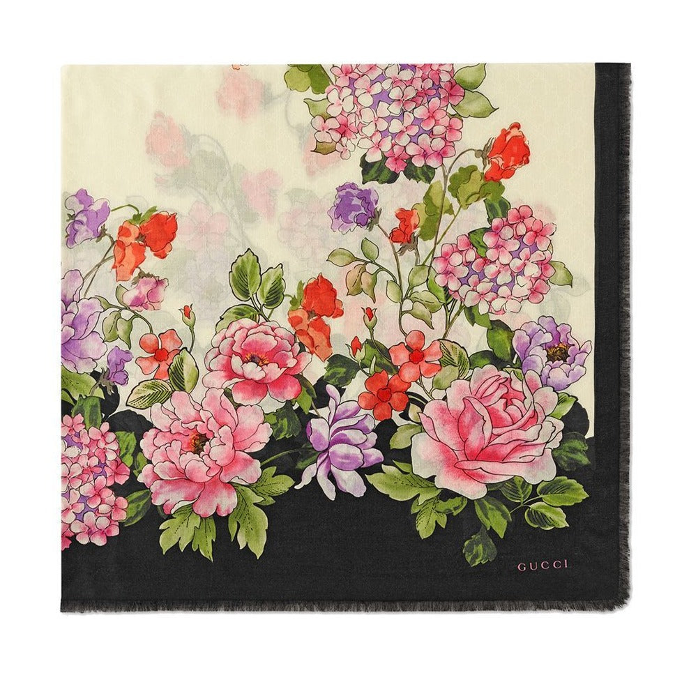 Gucci Rising Flower Silk Scarf in White