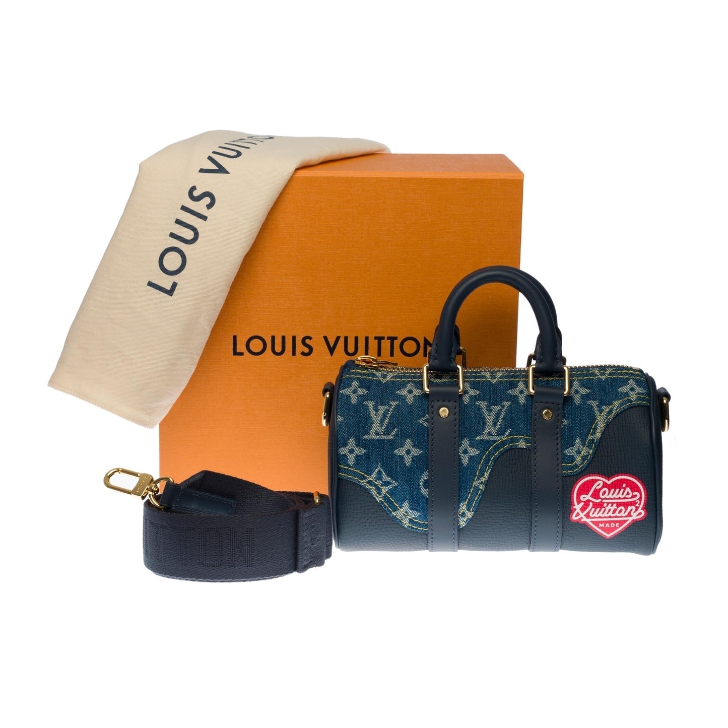 LOUIS VUITTON BRAND NEW-Limited edition keepall XS strap in blue denim by Nigo