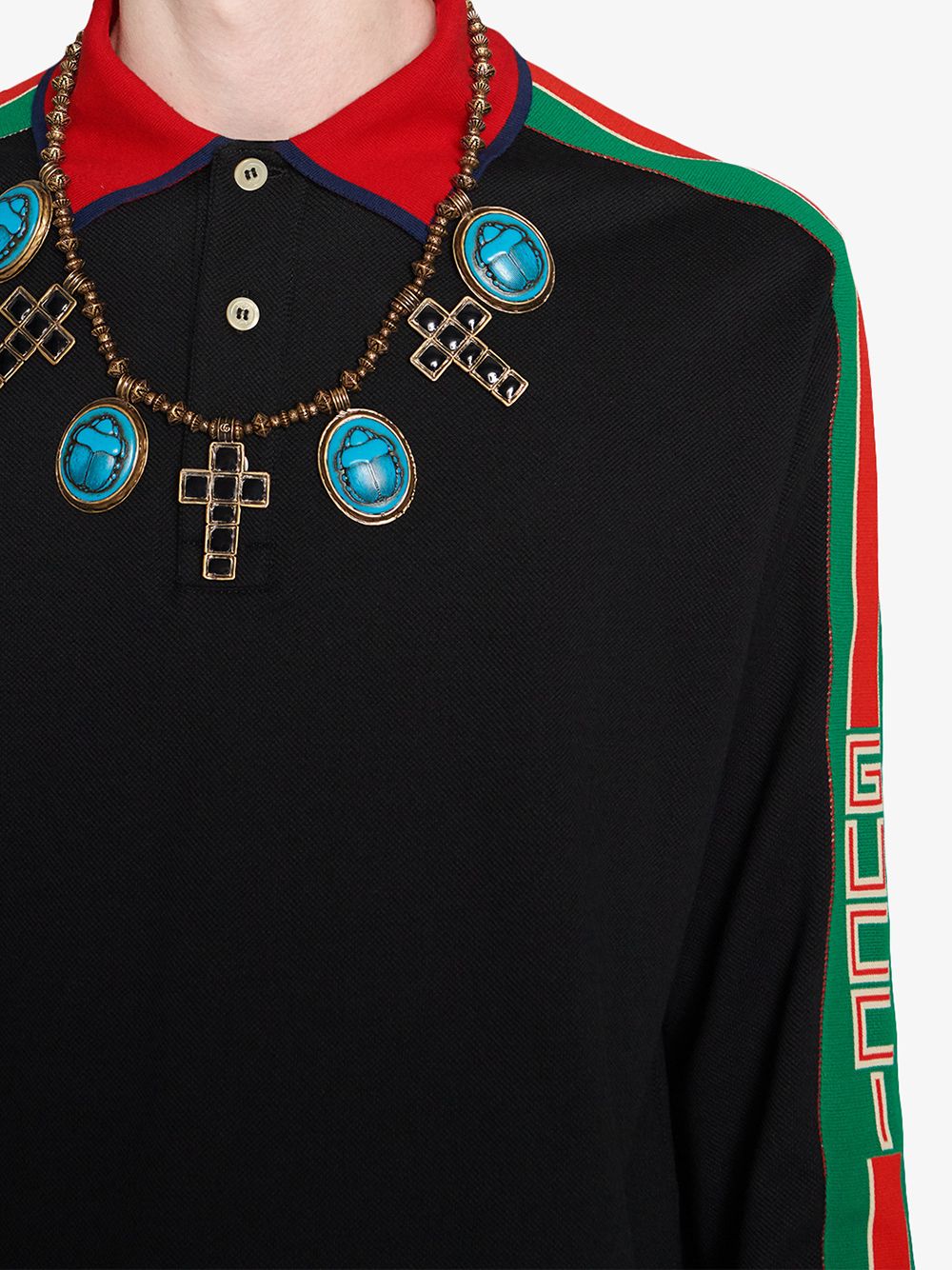 Gucci Web-stripe Detail Long Sleeve Polo in Black