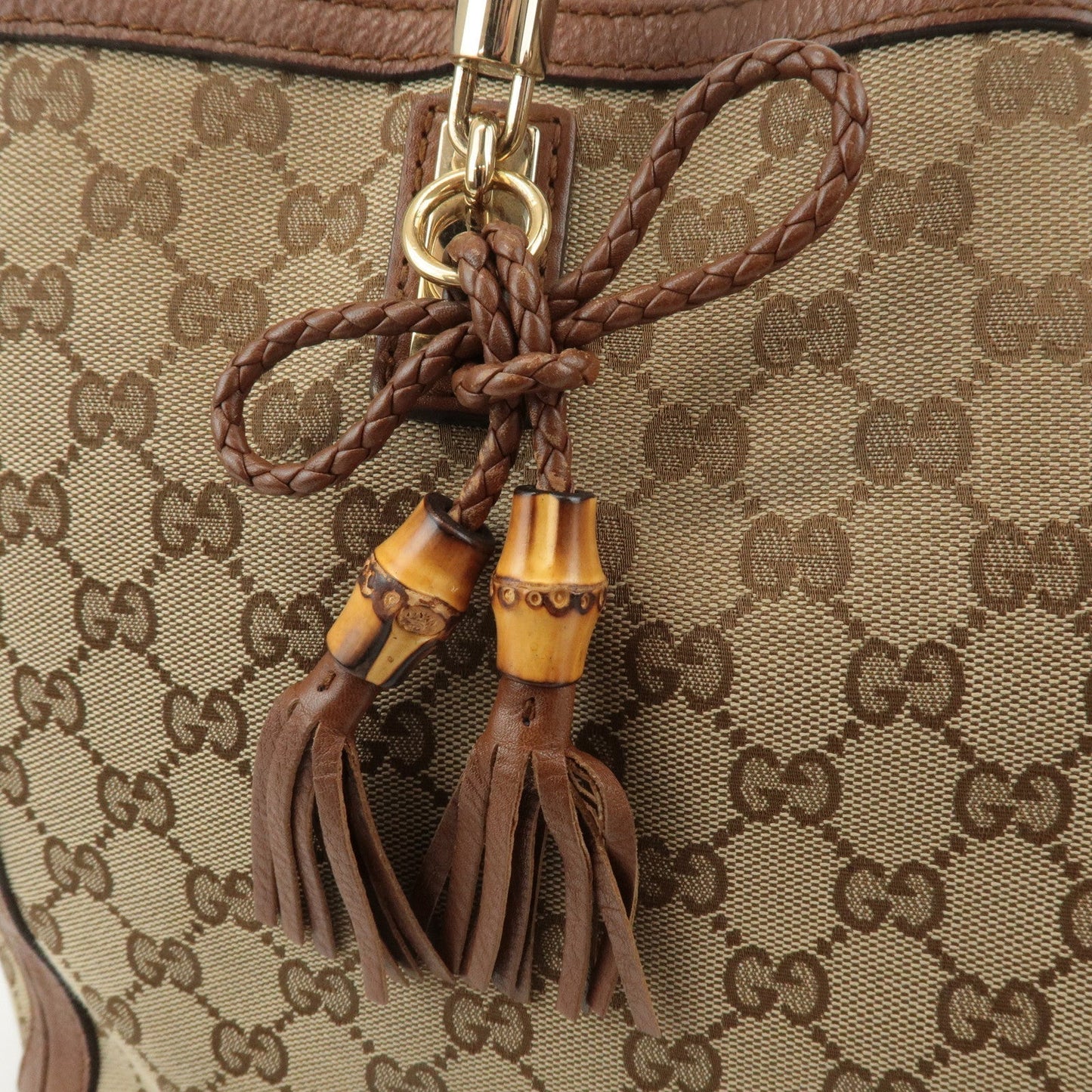 GUCCI Bamboo GG Canvas Leather Tote Bag Beige Brown 269954