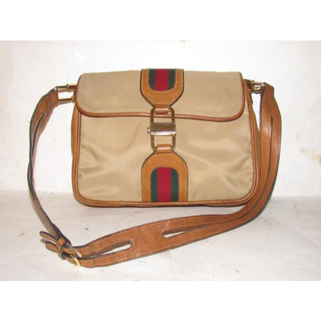 Gucci Tan & Brown Leather Jackie Satchel w Red & Green Sherry Stripe