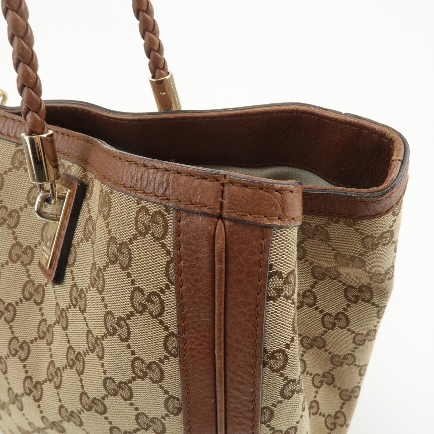 GUCCI Bamboo GG Canvas Leather Tote Bag Beige Brown 269954
