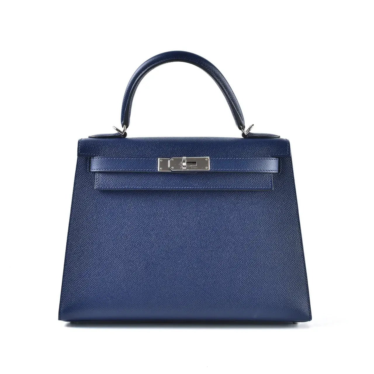 HERMES Kelly Bag Epsom Leather Handbag (25,28) navy  silver hardware