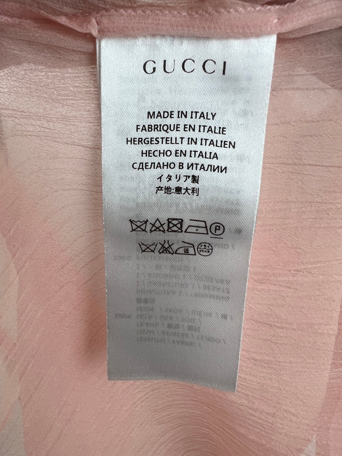 Gucci Pink Silk Pearl Button Down Shirt with Crochet Trim Detailing IT 36 (UK 4)