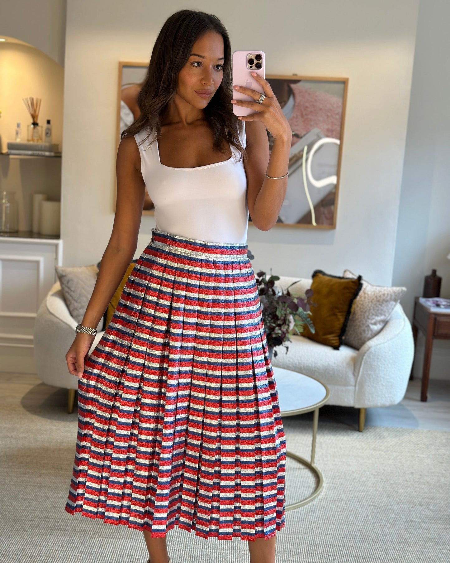 Gucci Metallic Red, Navy, Silver Stripe Pleated Midi Skirt Size IT 42 (UK 10)