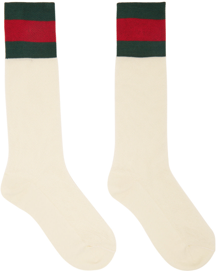 Gucci Mesh Cotton Socks with Web in White with Green and Red Stripe