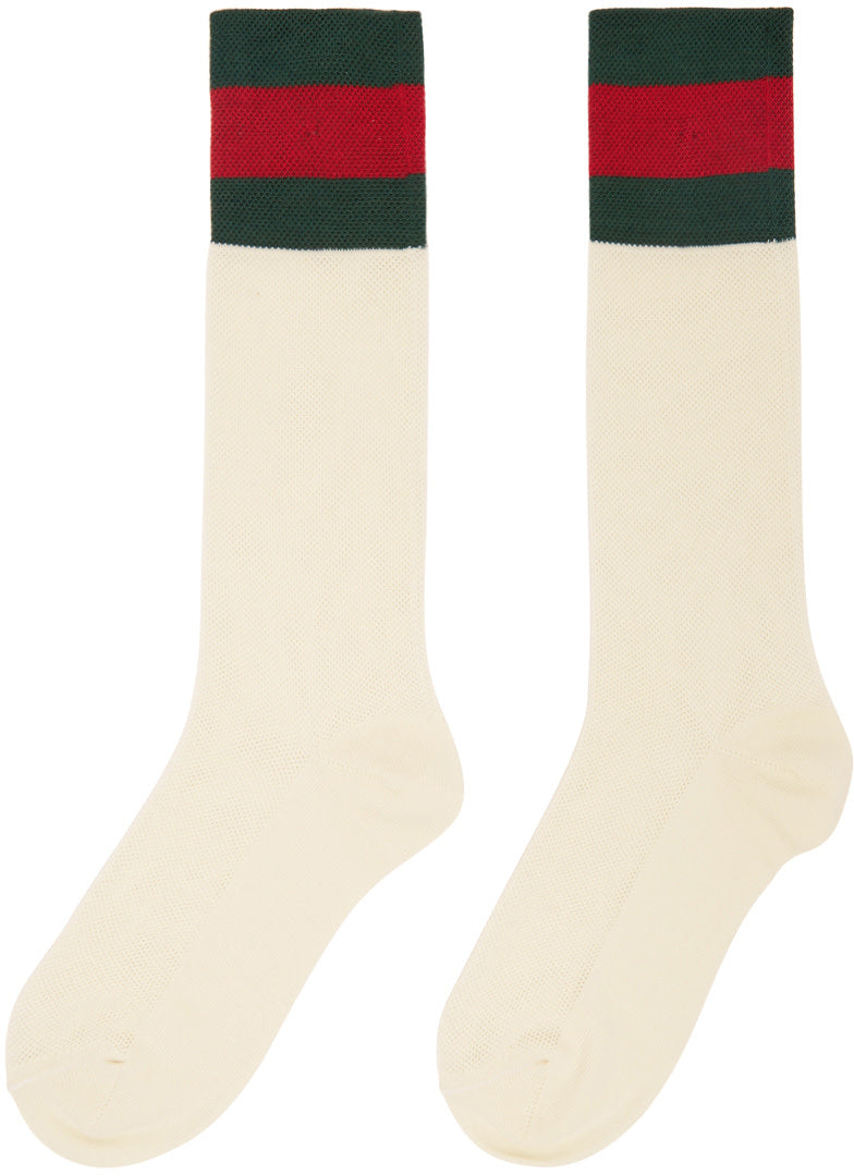 Gucci Mesh Cotton Socks with Web in White with Green and Red Stripe