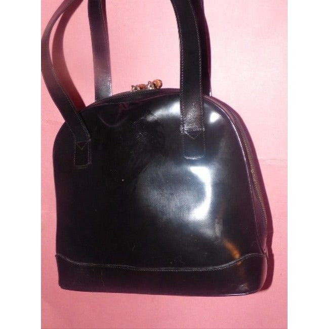Gucci Bamboo Diana Top Handle Bag Dual Zip Two Strap Rounded Black Patent Leather Satchel