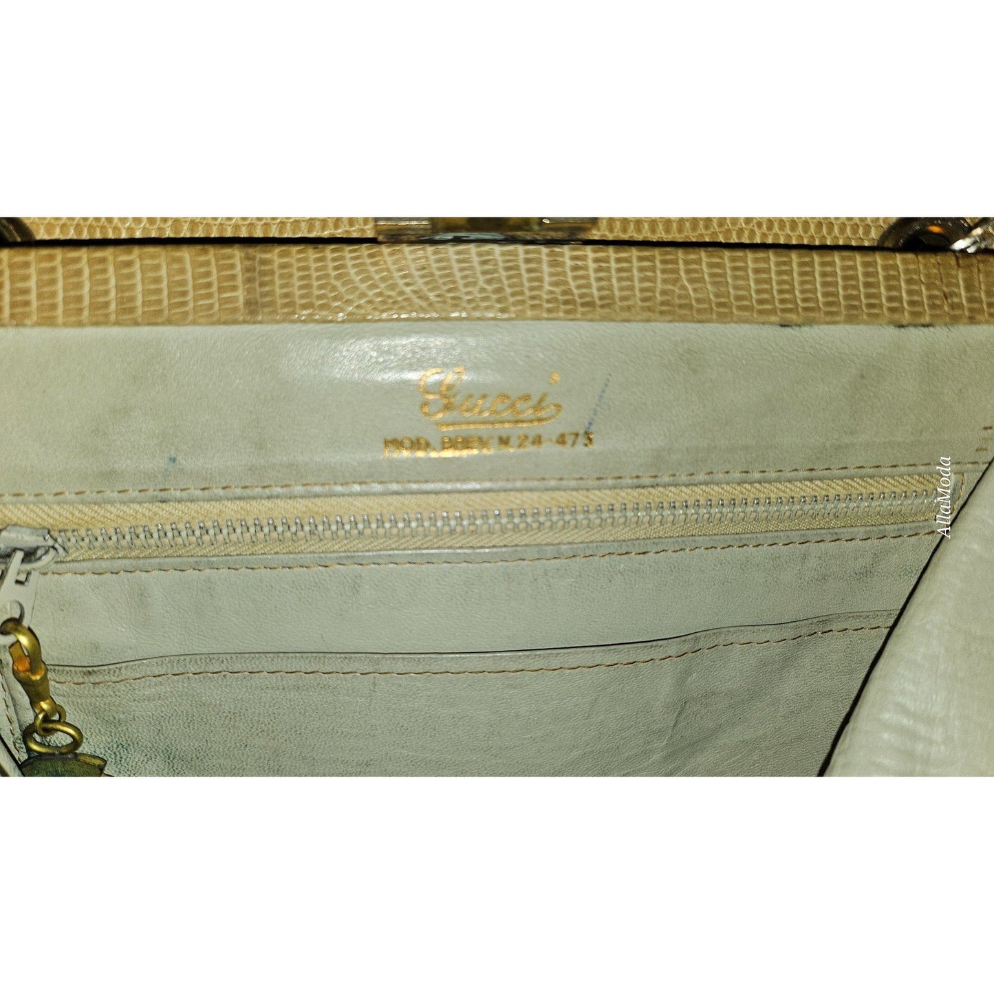 Gucci honey reptile leather two way bucket bag w chain strap