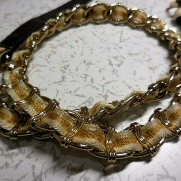 Amazing, Gucci Gold Tone Chain with a Yellow & White Striped Ribbon Woven Throughout with White Leather