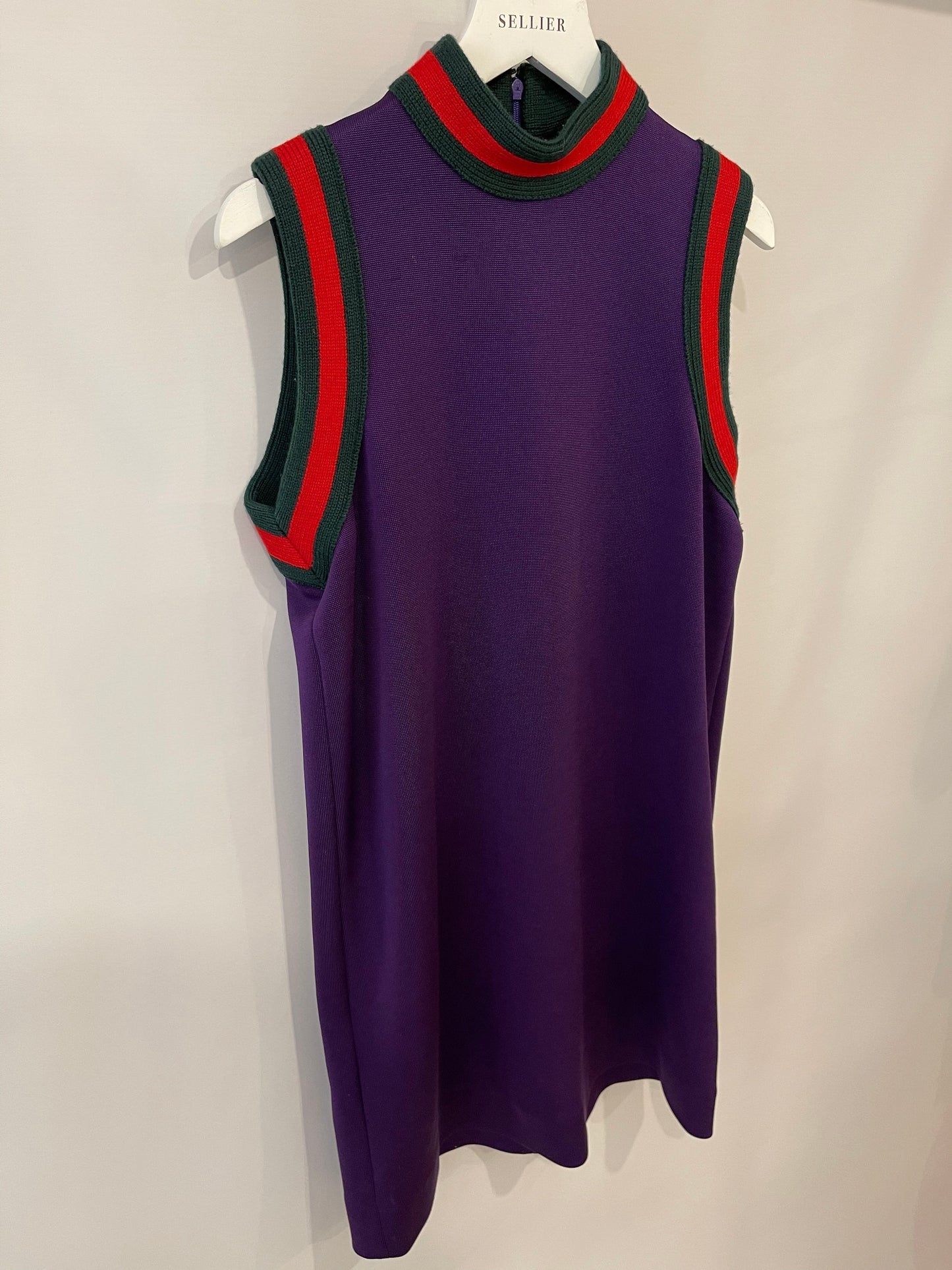 Gucci Purple Mini Sleeveless Dress with Green and Red Wool Trim Detail Size XS ( UK 6)
