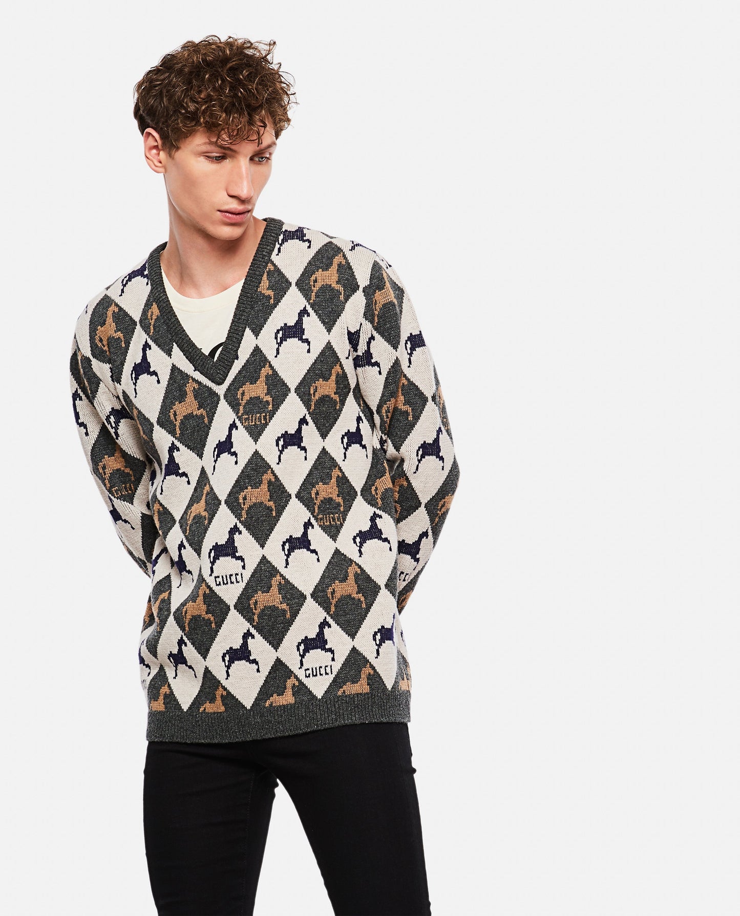 Gucci Equestrian Diamond Jacquard Sweater in Gray and White