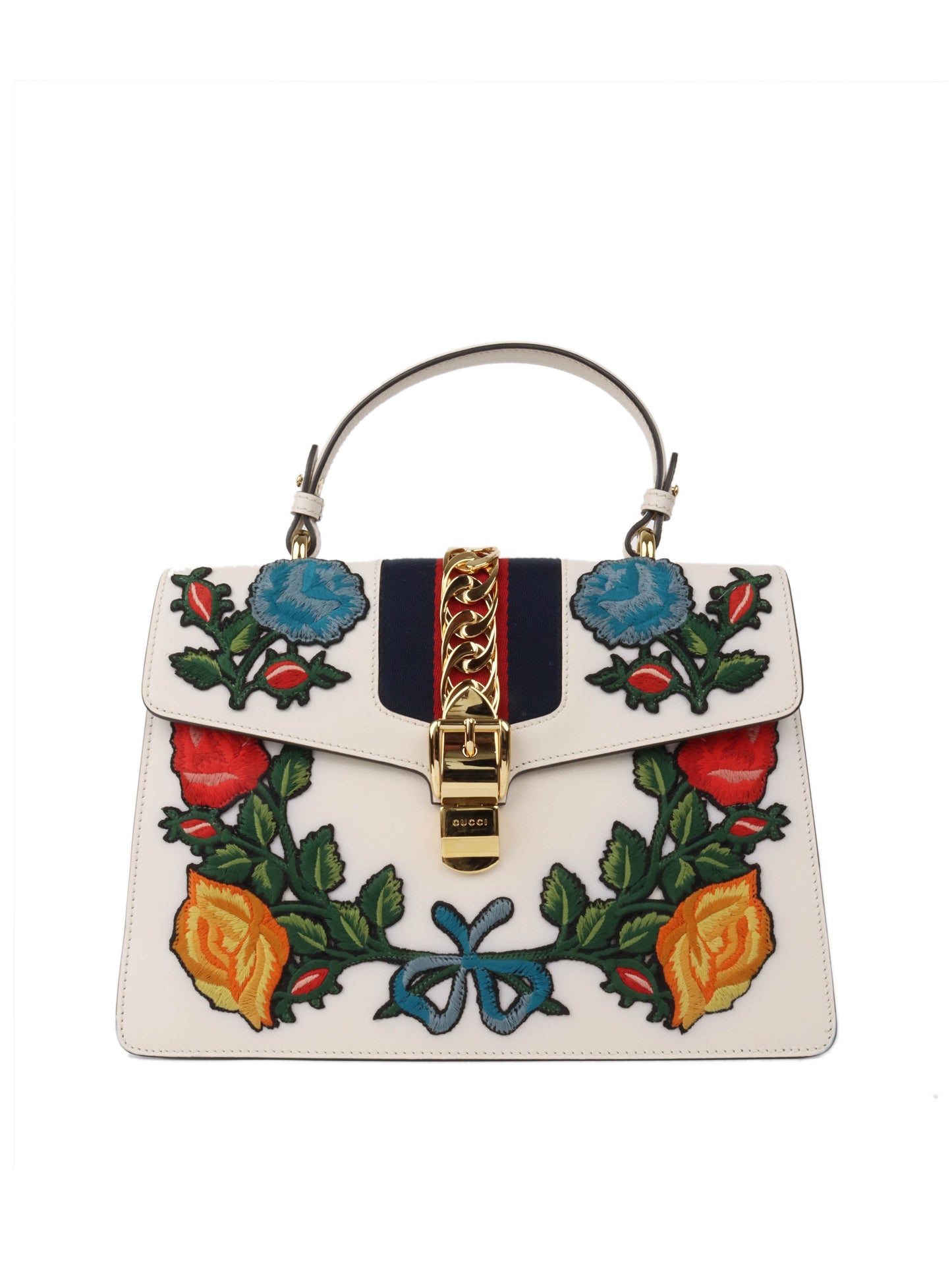 Gucci White Smooth Calfskin Leather Floral Embroidered Medium Sylvie Top Handle Bag