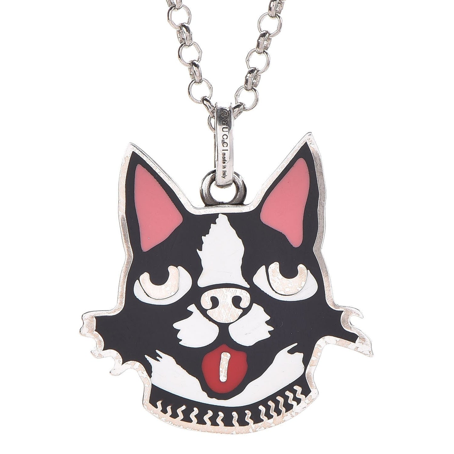 Gucci Enamel Bosco Dog Necklace in Silver