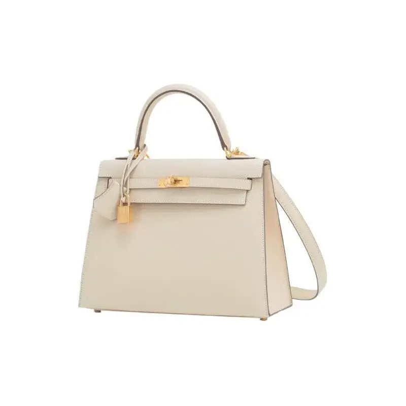 HERMES Kelly 25 Bag Epsom Leather Handbag (25,28) nata white  gold hardware