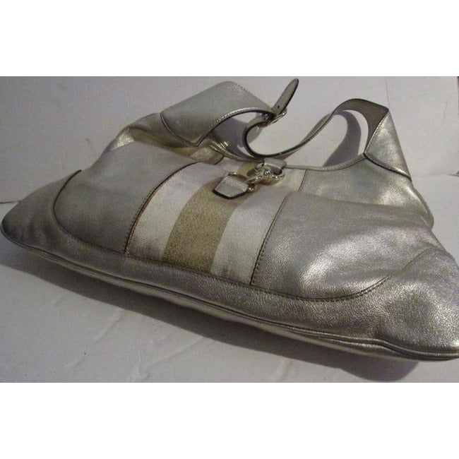 Gucci New Jackie Triangular Shaped Metallic Leather Hobo Bag W Wide Sherry Stripe
