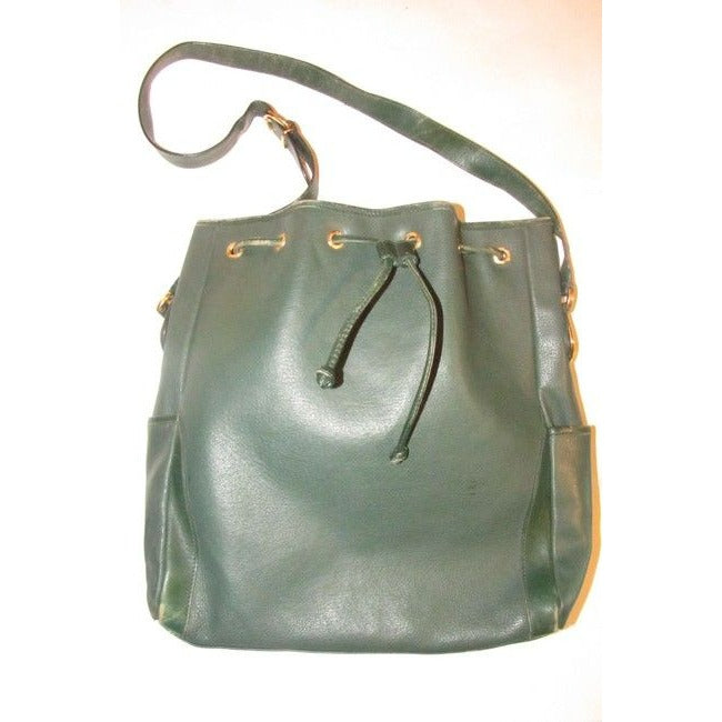 Gucci Horsebit Bucket Bag Xl Drawstring Accents Green W Gold Horseshoes Leather Satchel