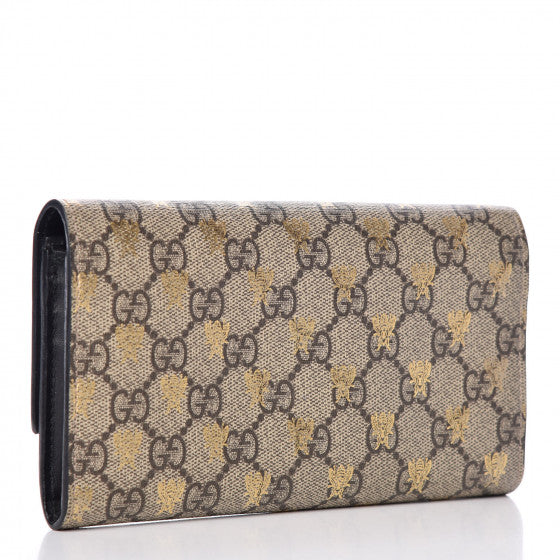Gucci GG Supreme Bees Flap Long Wallet in Beige