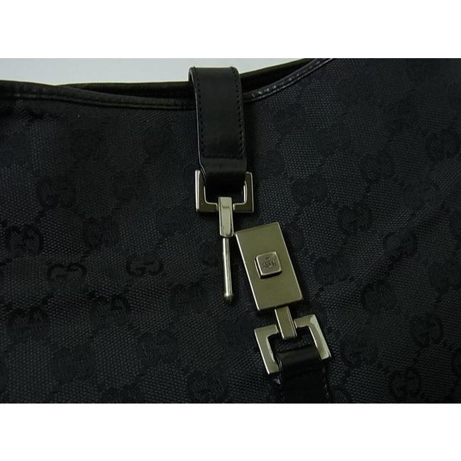 Gucci Jackie New O Logo Black Charcoal Gray Leather Canvas Hobo Bag