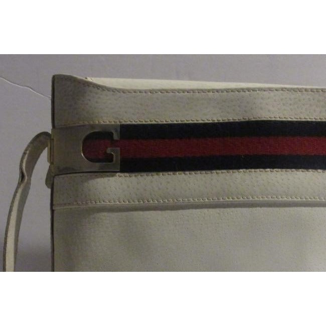 Gucci White Hard Boxy Leather Bucket Bag w red/blue stripe