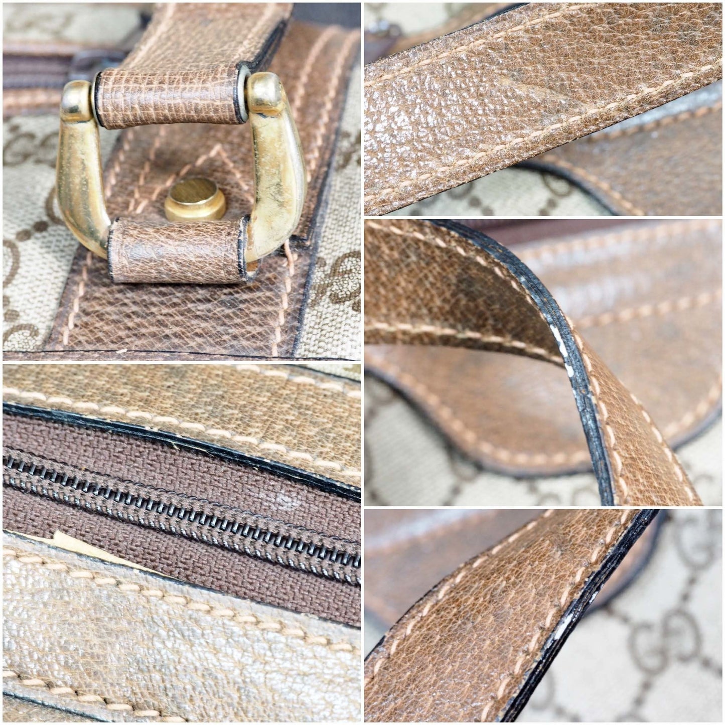 GUCCI Old Gucci Vintage Travel Bag Boston Unisex 1970's 70'S GG Pattern / Pigskin Gold Hardware Brown Beige