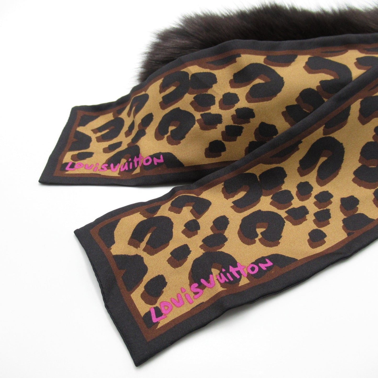 LOUIS VUITTON fur scarf Brown silk